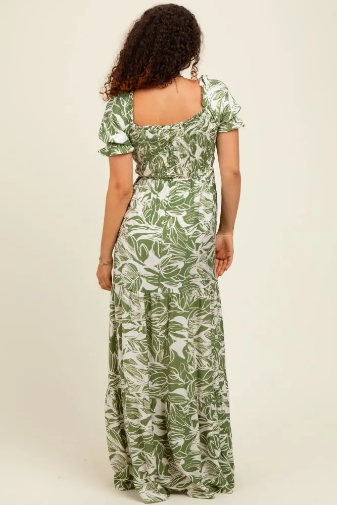 Green Tropical Print Smocked Front Tie Maternity Maxi Dress sold by Pinkblush product image thumbnail 3