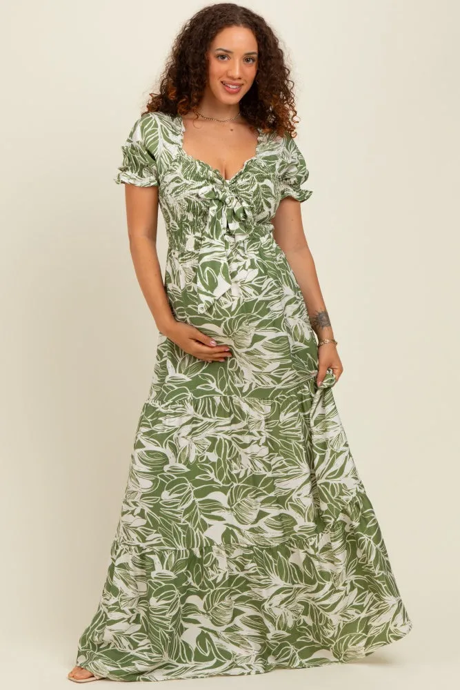 Green Tropical Print Smocked Front Tie Maternity Maxi Dress sold by Pinkblush