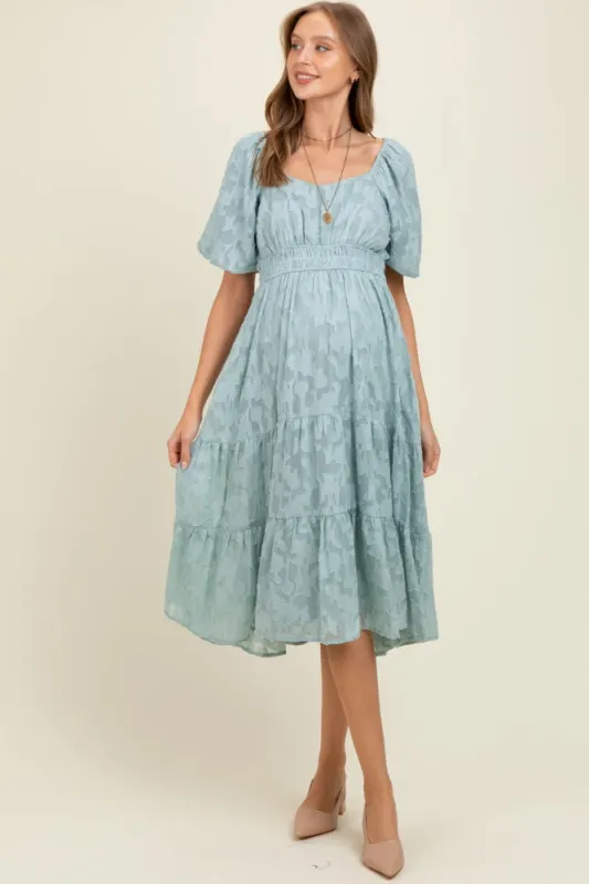 Light Blue Textured Floral Short Sleeve Maternity Midi Dress sold by Pinkblush