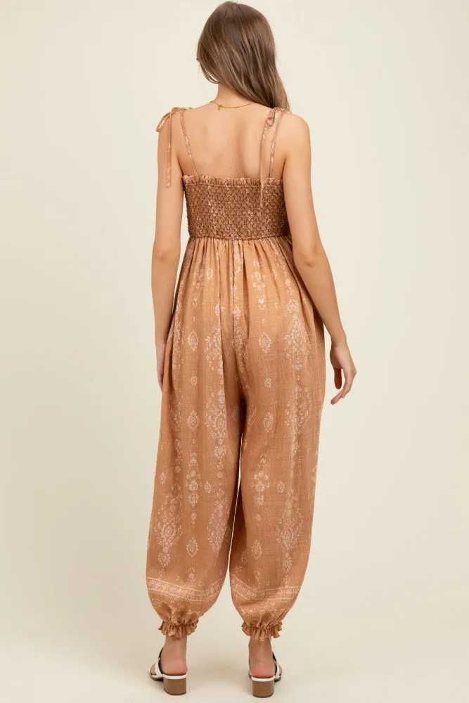 Camel Printed Smocked Shoulder Tie Maternity Jumpsuit sold by Pinkblush product image thumbnail 4