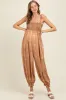 Camel Printed Smocked Shoulder Tie Maternity Jumpsuit sold by Pinkblush