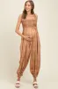 Camel Printed Smocked Shoulder Tie Maternity Jumpsuit sold by Pinkblush