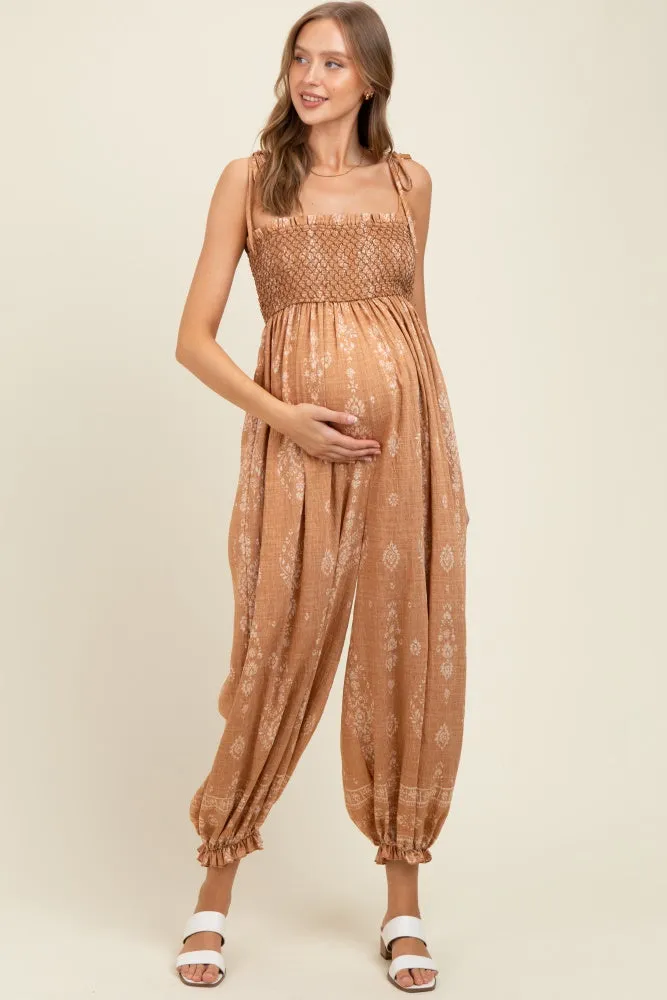 Camel Printed Smocked Shoulder Tie Maternity Jumpsuit sold by Pinkblush product image thumbnail 2