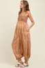 Camel Printed Smocked Shoulder Tie Maternity Jumpsuit sold by Pinkblush