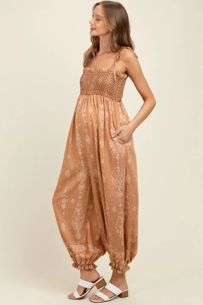 Camel Printed Smocked Shoulder Tie Maternity Jumpsuit sold by Pinkblush product image thumbnail 3