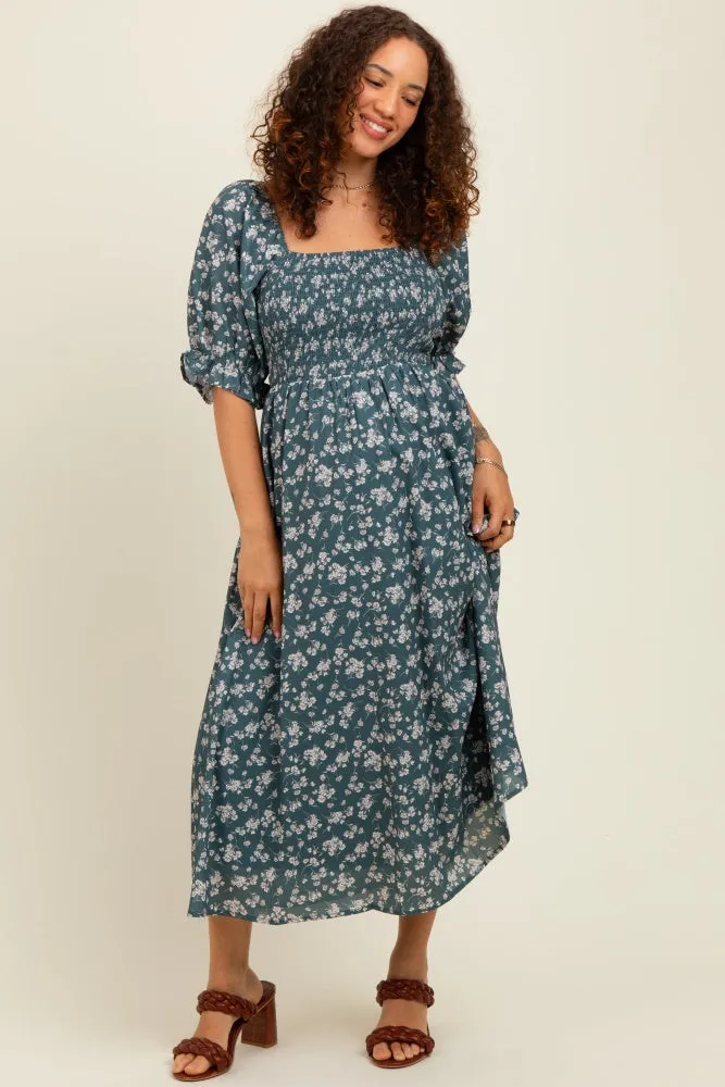Forest Green Floral Smocked Puff Sleeve Maternity Midi Dress sold by Pinkblush product image thumbnail 2