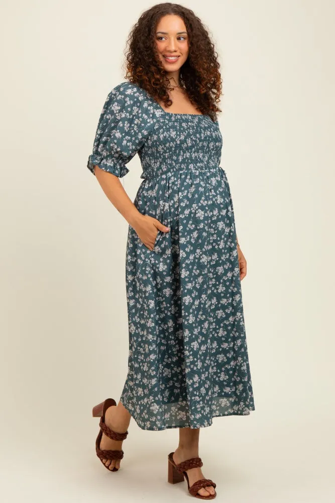 Forest Green Floral Smocked Puff Sleeve Maternity Midi Dress sold by Pinkblush product image thumbnail 3