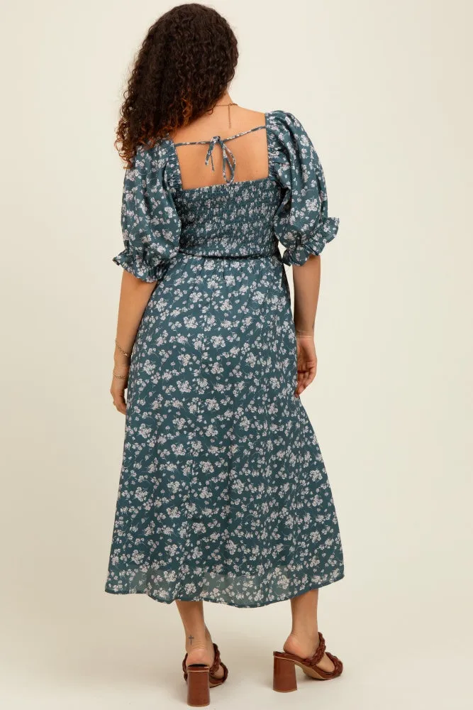Forest Green Floral Smocked Puff Sleeve Maternity Midi Dress sold by Pinkblush product image thumbnail 4