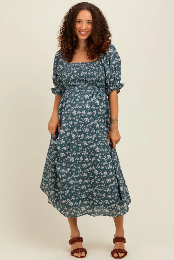 Forest Green Floral Smocked Puff Sleeve Maternity Midi Dress sold by Pinkblush