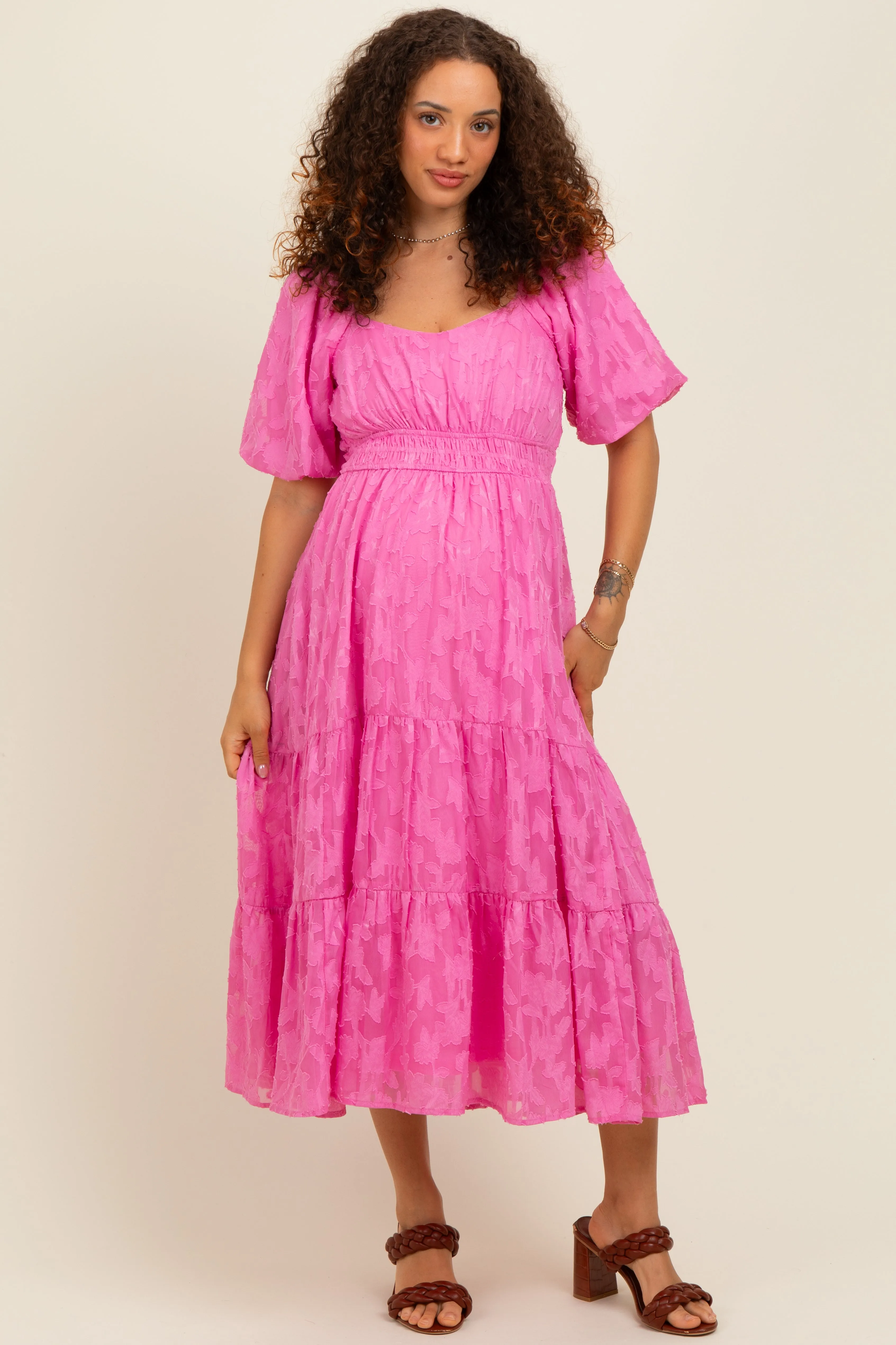 Pink Textured Floral Short Sleeve Maternity  Midi Dress sold by Pinkblush product image thumbnail 2