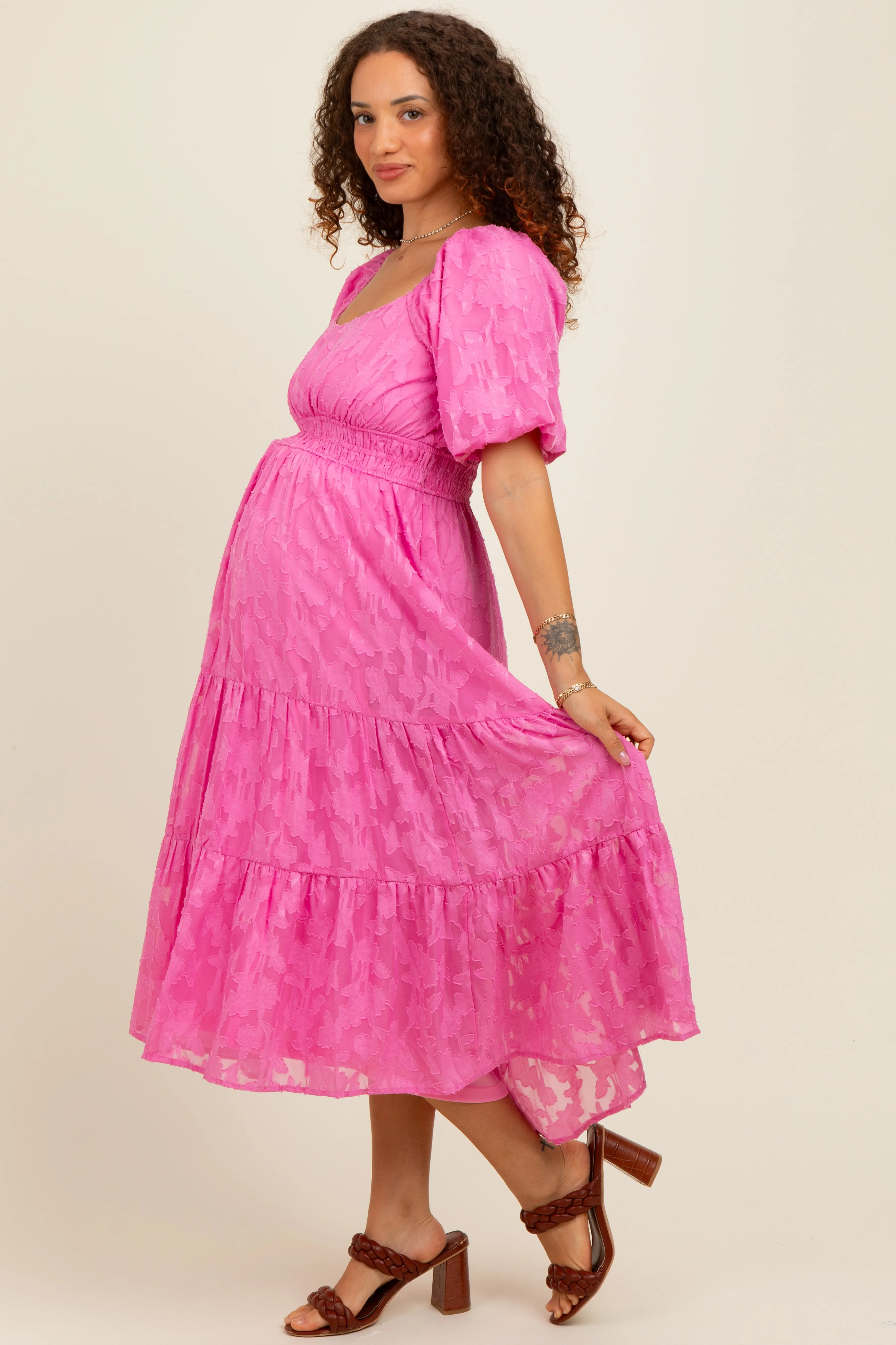 Pink Textured Floral Short Sleeve Maternity  Midi Dress sold by Pinkblush product image thumbnail 3