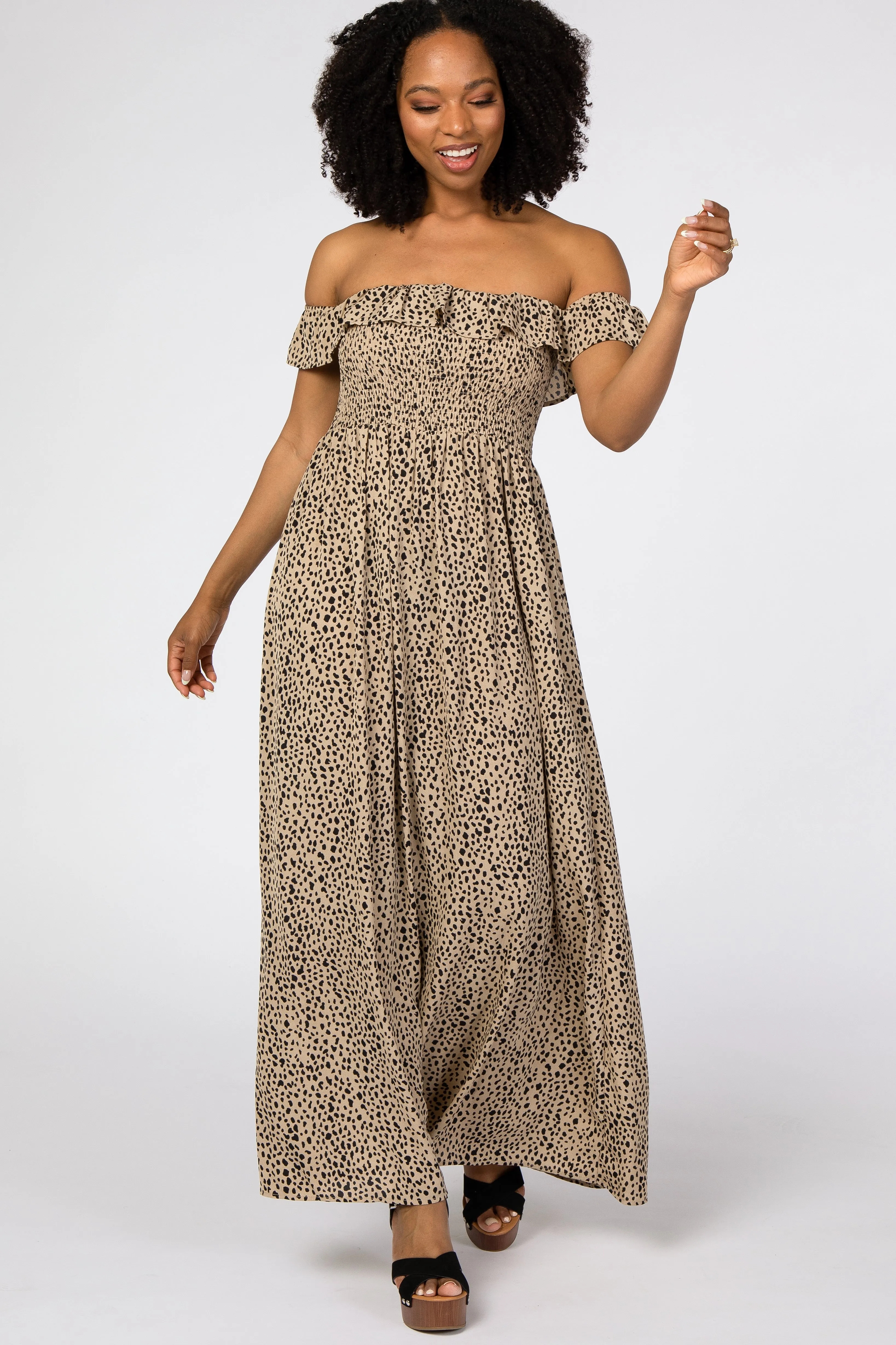 Taupe Animal Print Off Shoulder Smocked Maternity Maxi Dress sold by Pinkblush product image thumbnail 4