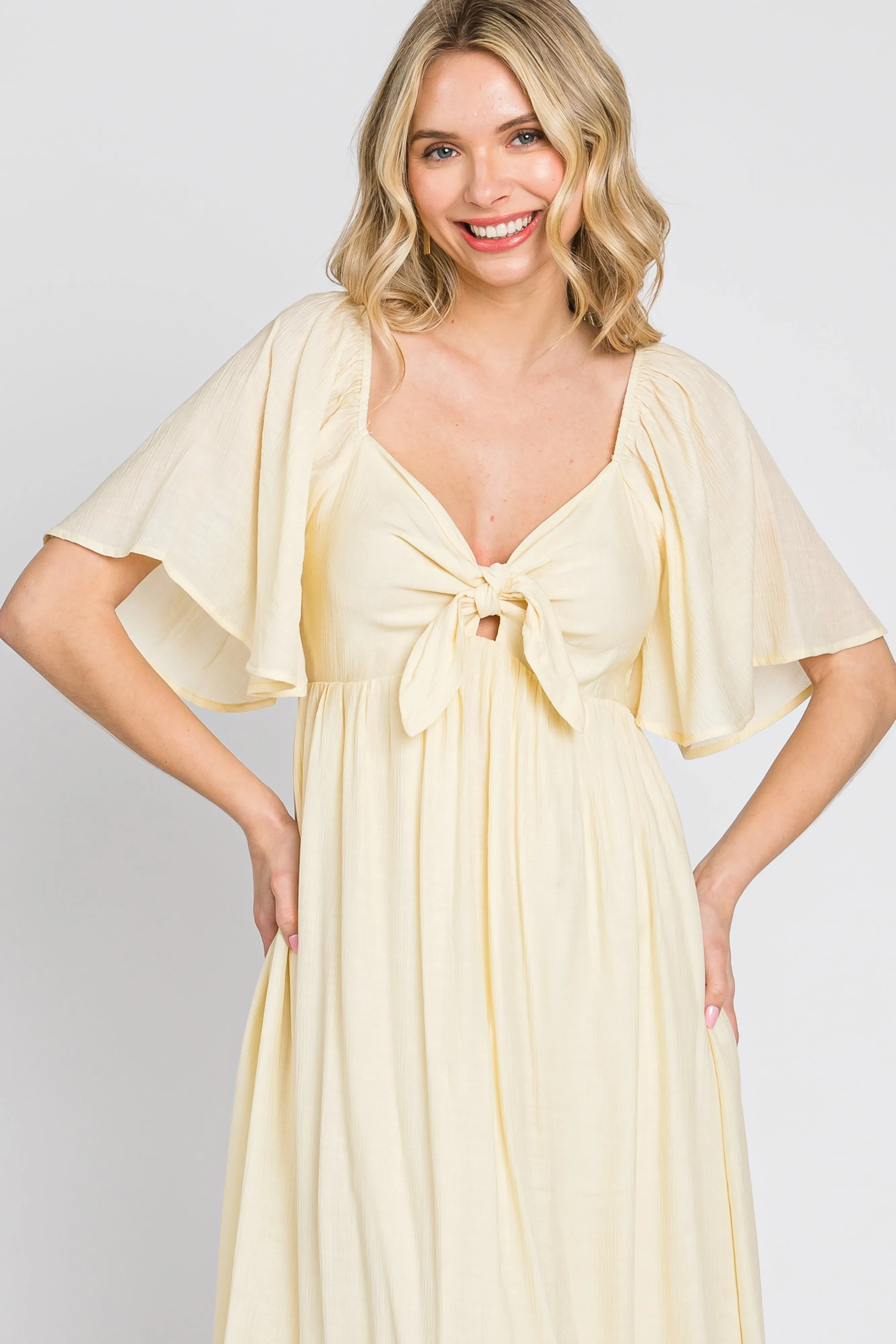 Cream Front Tie Ruffle Sleeve Midi Dress sold by Pinkblush product image thumbnail 4