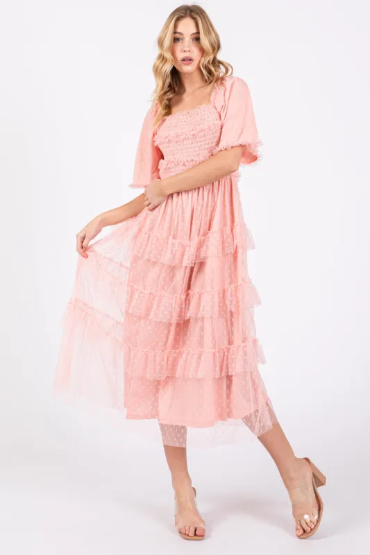 Light Pink Dot Smocked Ruffle Tiered Midi Dress sold by Pinkblush