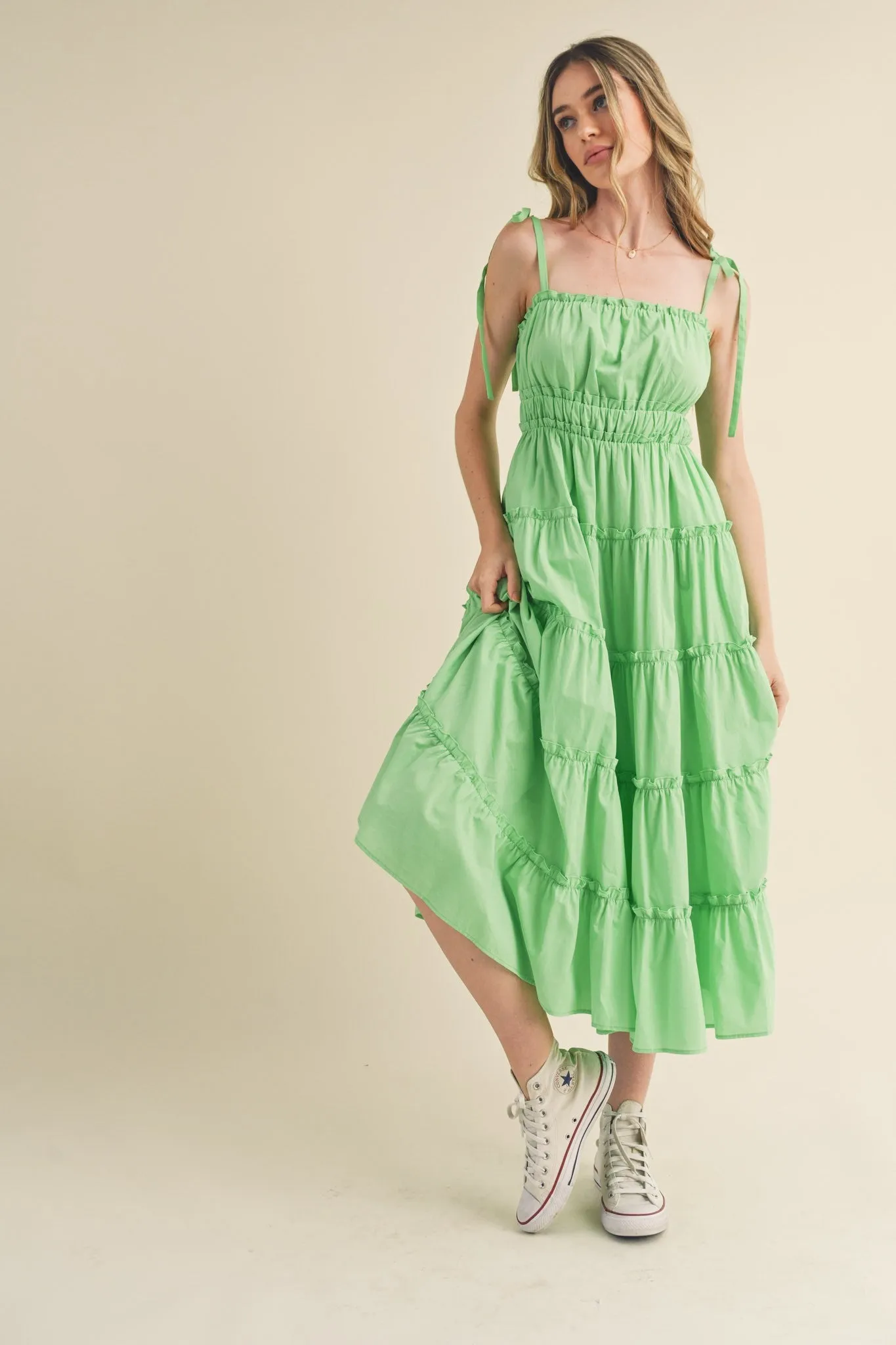 Lime Tiered Tie Strap Maternity Midi Dress sold by Pinkblush product image thumbnail 4