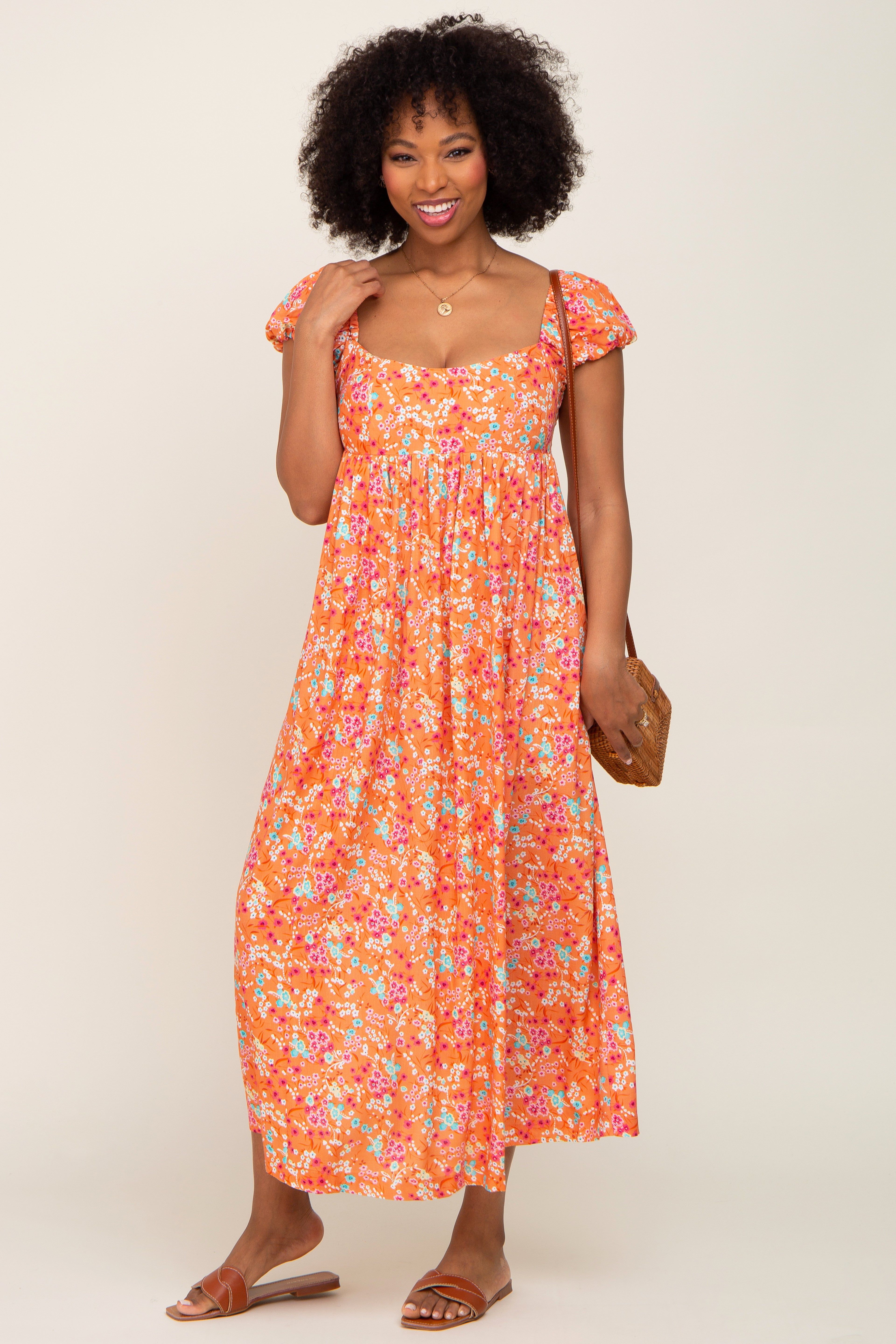 Orange Floral Back Cutout Maternity Midi Dress sold by Pinkblush product image thumbnail 4