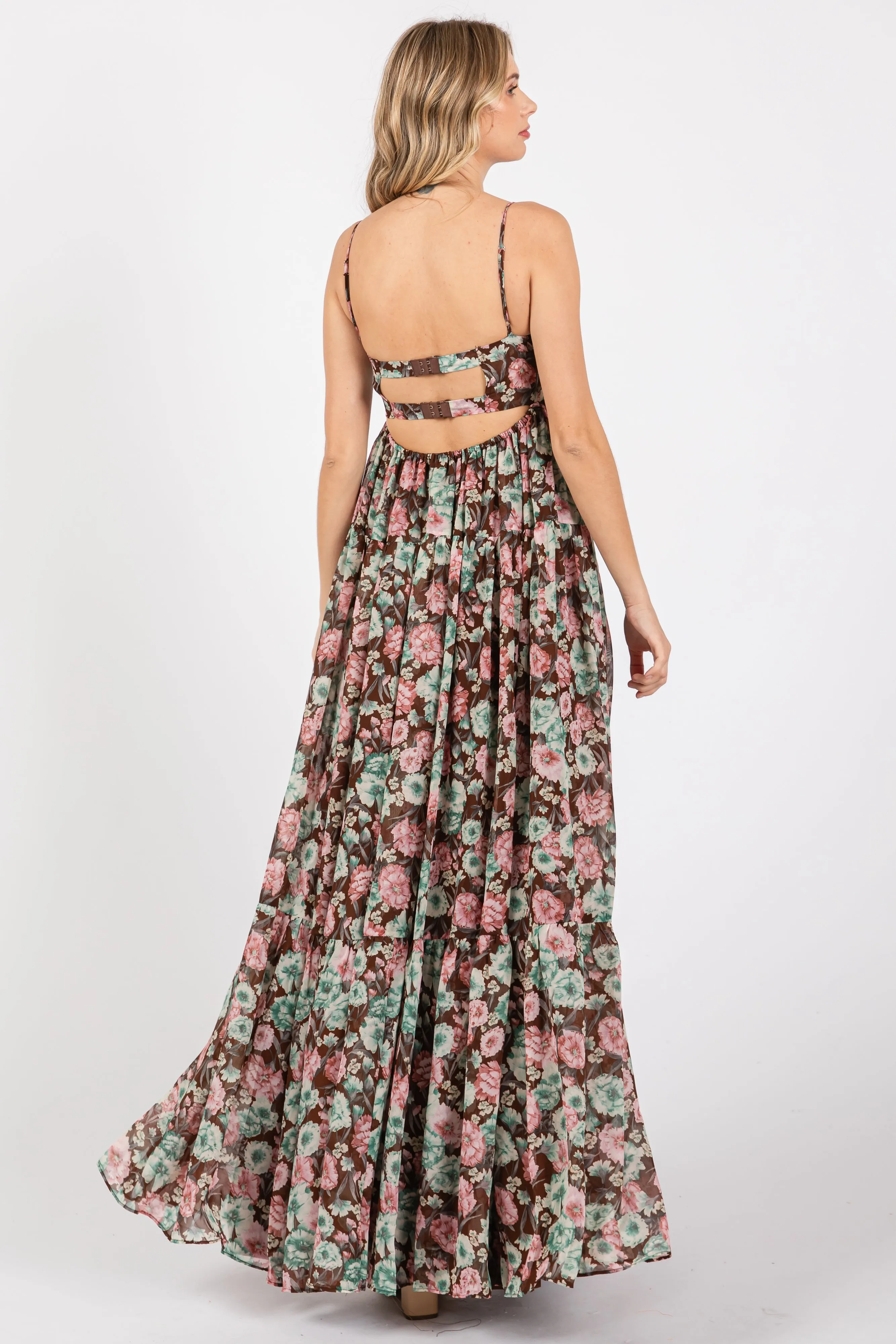 Brown Floral Sleeveless Tiered Maxi Dress sold by Pinkblush product image thumbnail 3