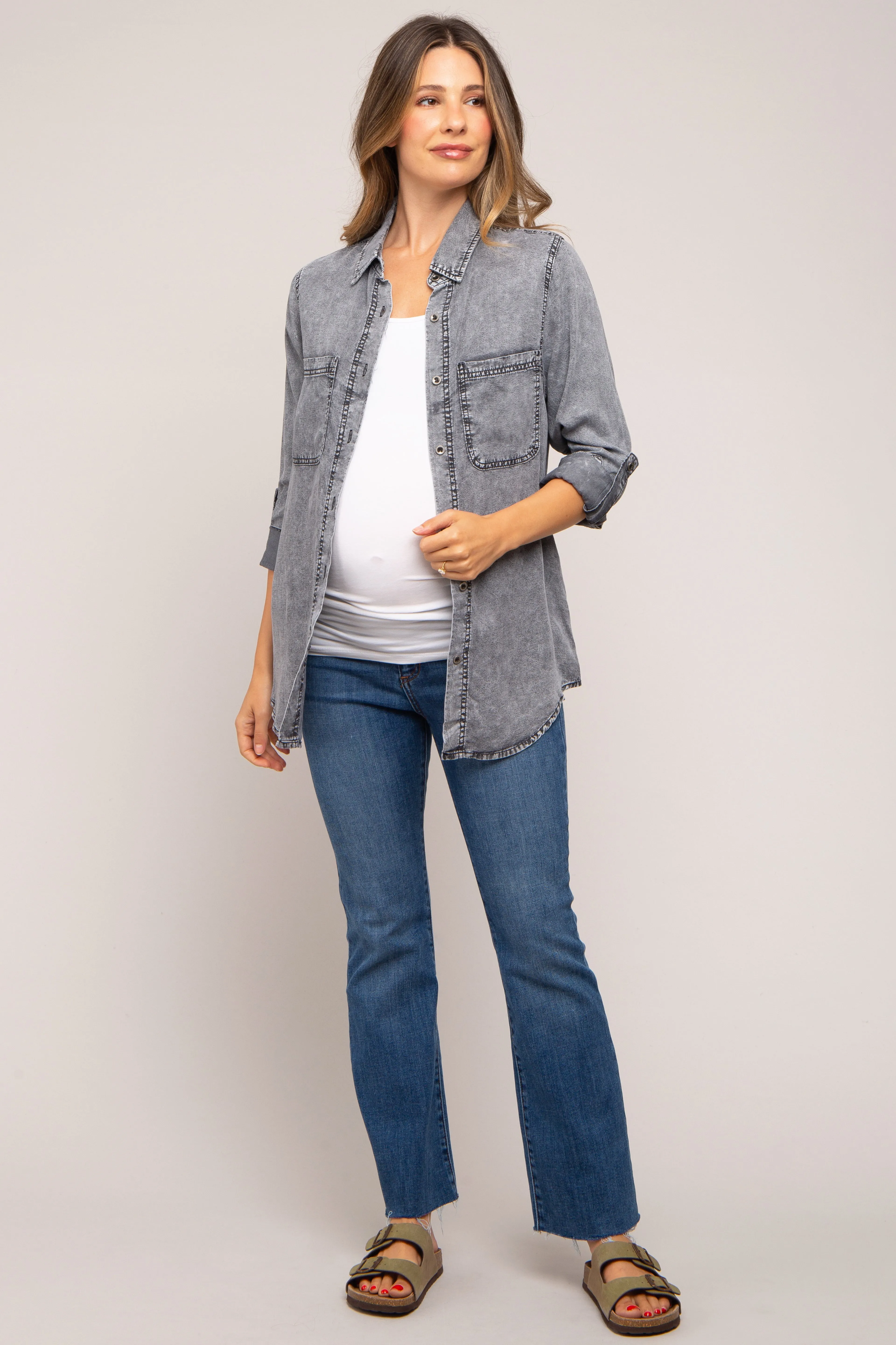 Charcoal Chambray Maternity Rolled Cuff Shirt sold by Pinkblush product image thumbnail 2