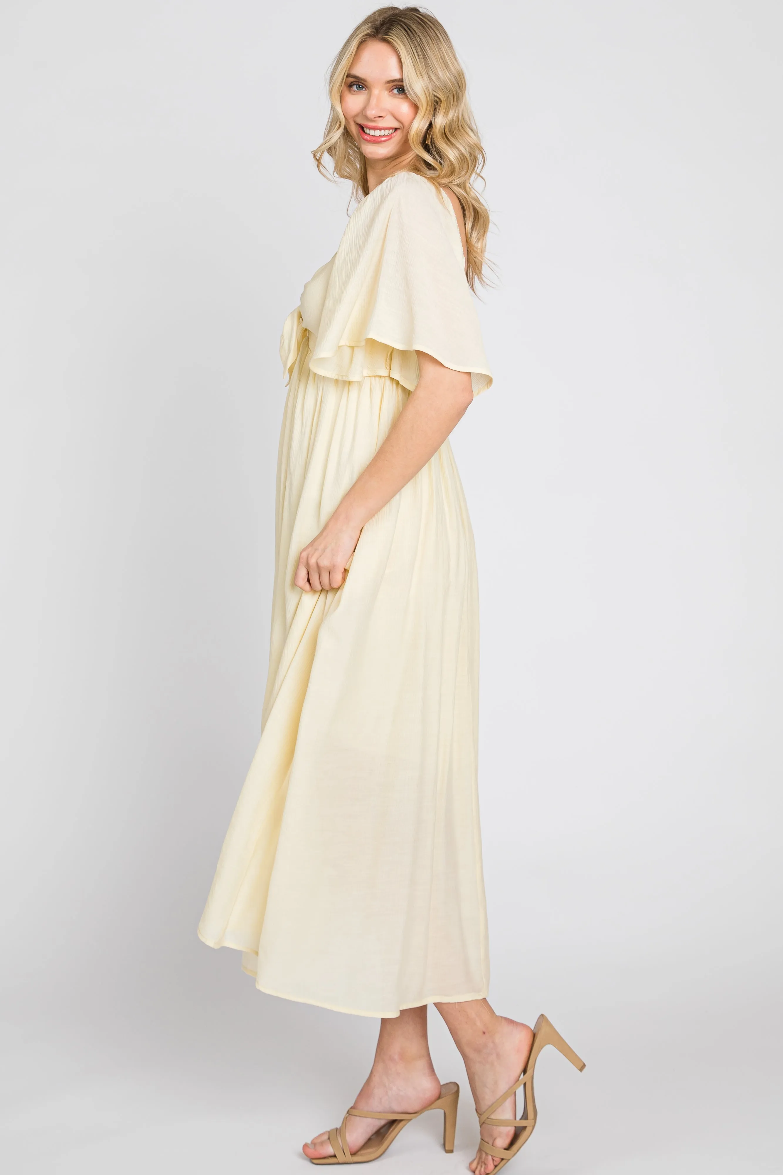 Cream Front Tie Ruffle Sleeve Midi Dress sold by Pinkblush product image thumbnail 2