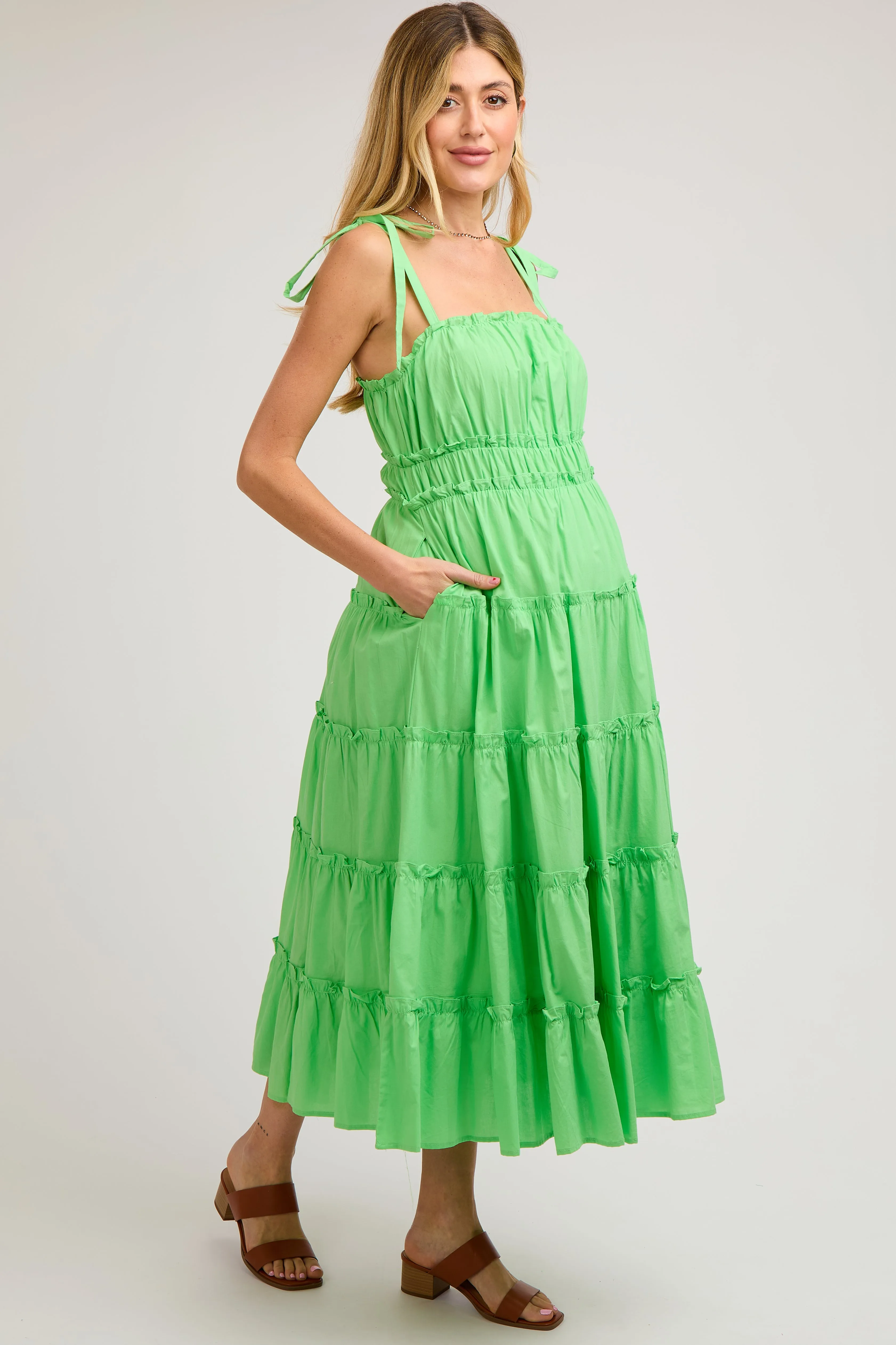 Lime Tiered Tie Strap Maternity Midi Dress sold by Pinkblush product image thumbnail 2