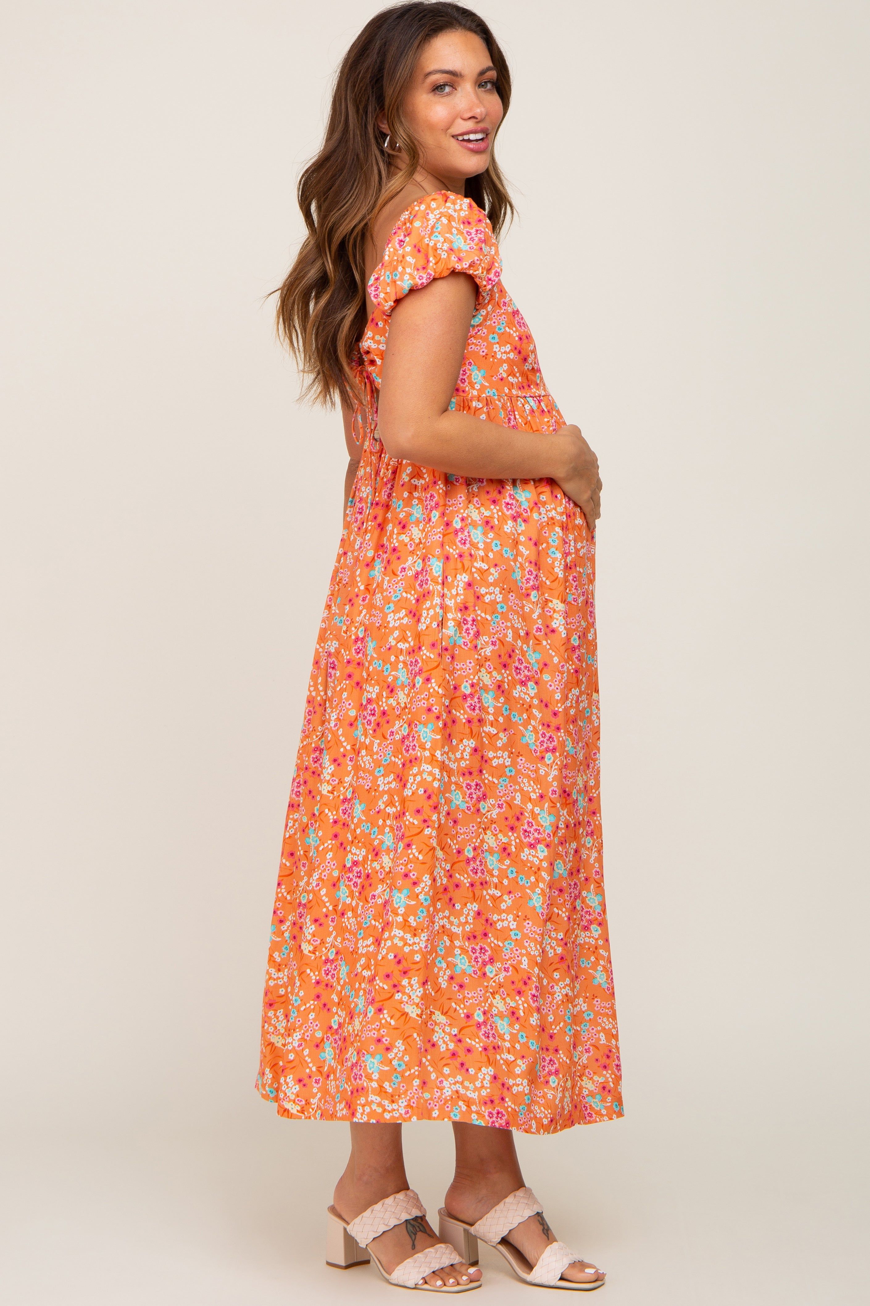 Orange Floral Back Cutout Maternity Midi Dress sold by Pinkblush product image thumbnail 2