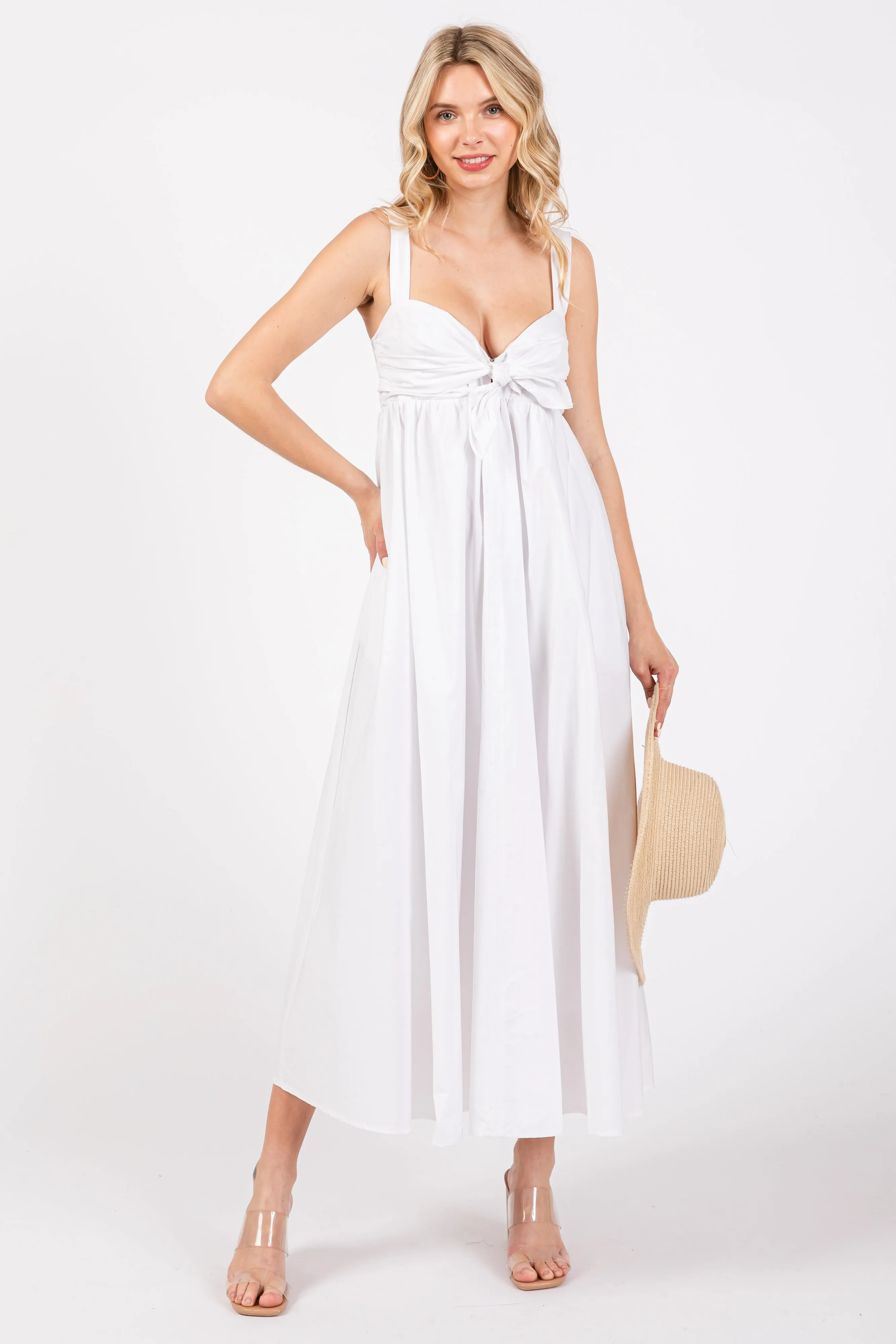 White Front Tie Sleeveless Midi Dress sold by Pinkblush