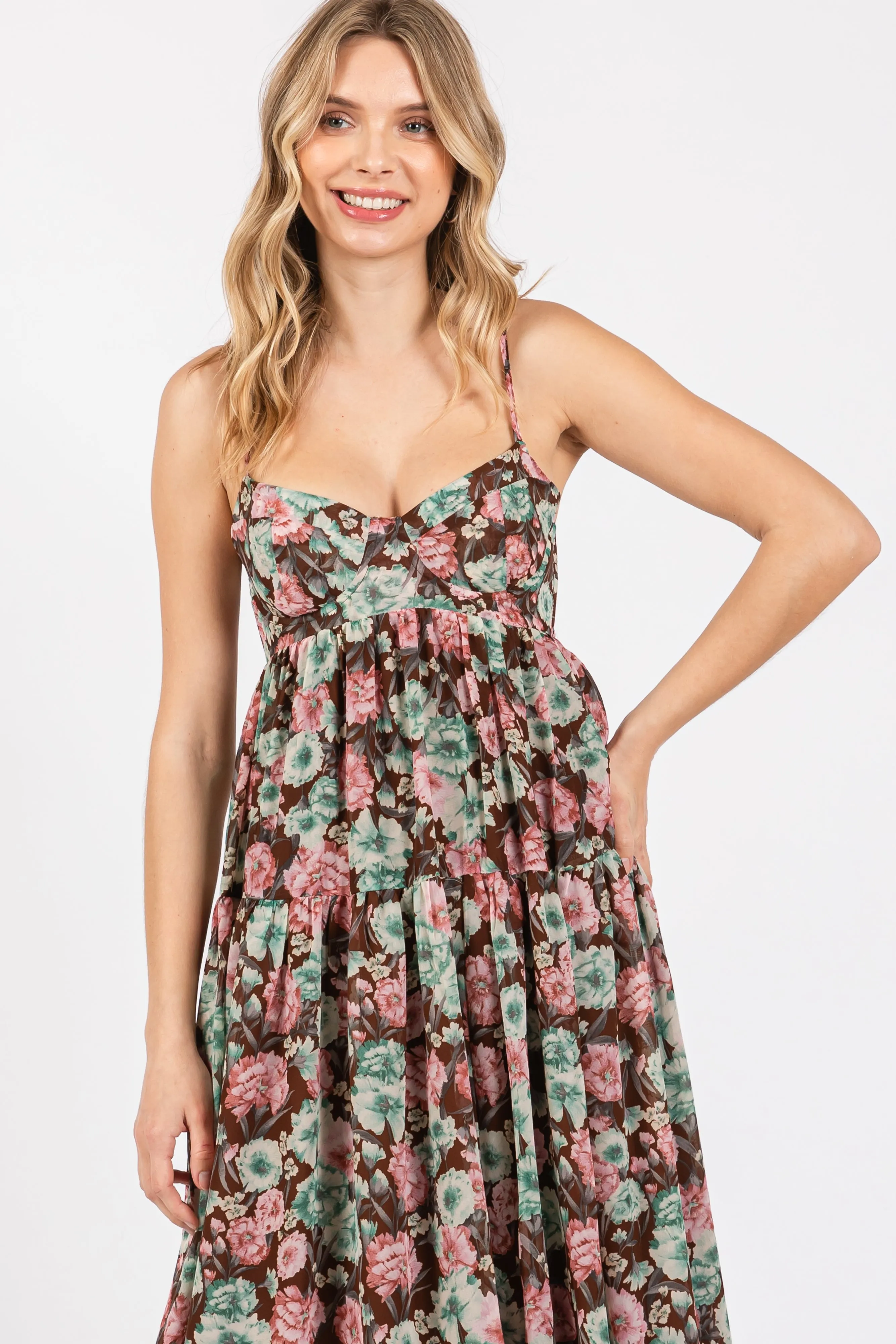 Brown Floral Sleeveless Tiered Maxi Dress sold by Pinkblush product image thumbnail 4