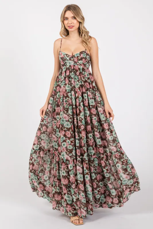 Brown Floral Sleeveless Tiered Maxi Dress sold by Pinkblush