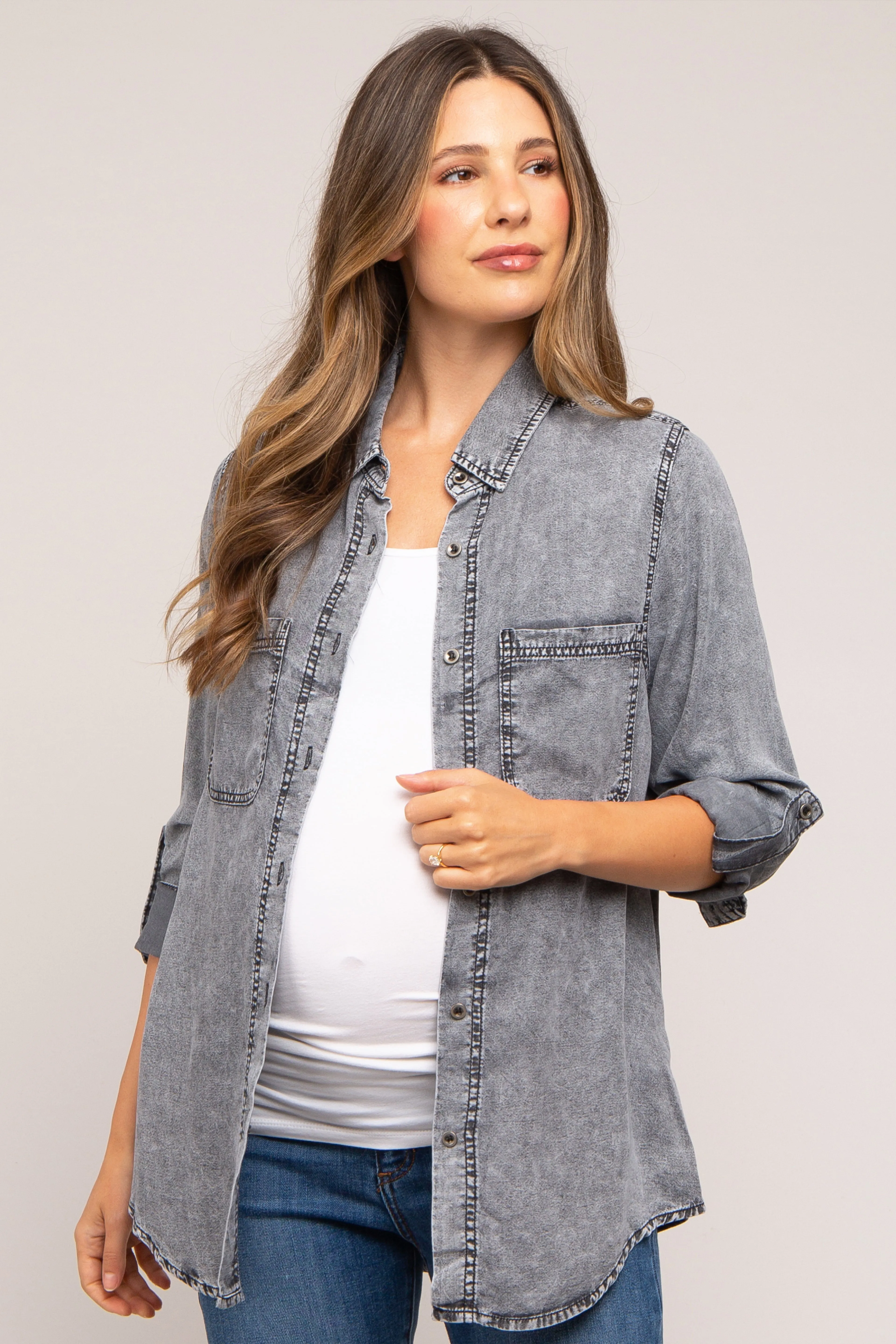 Charcoal Chambray Maternity Rolled Cuff Shirt sold by Pinkblush product image thumbnail 3