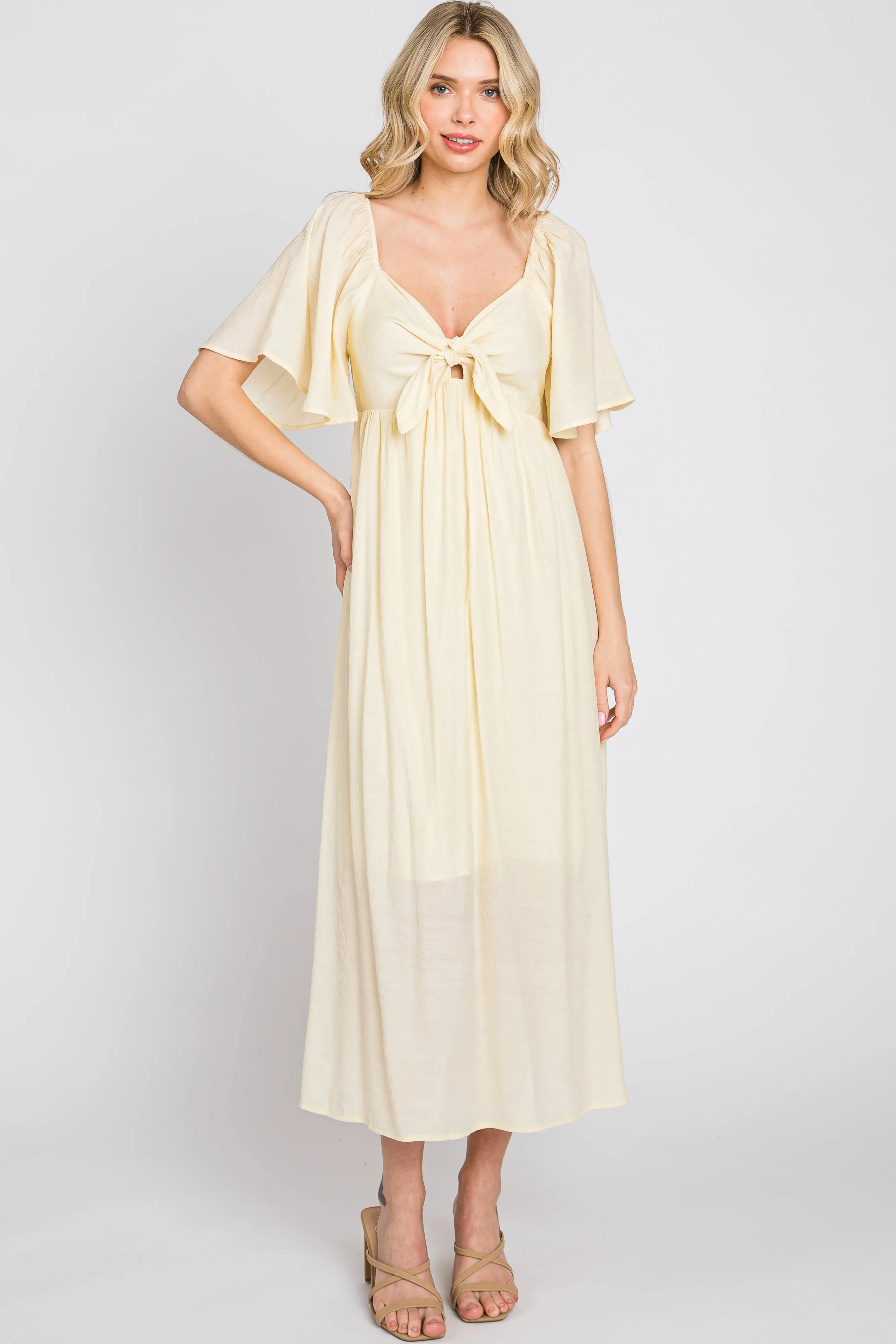 Cream Front Tie Ruffle Sleeve Midi Dress sold by Pinkblush