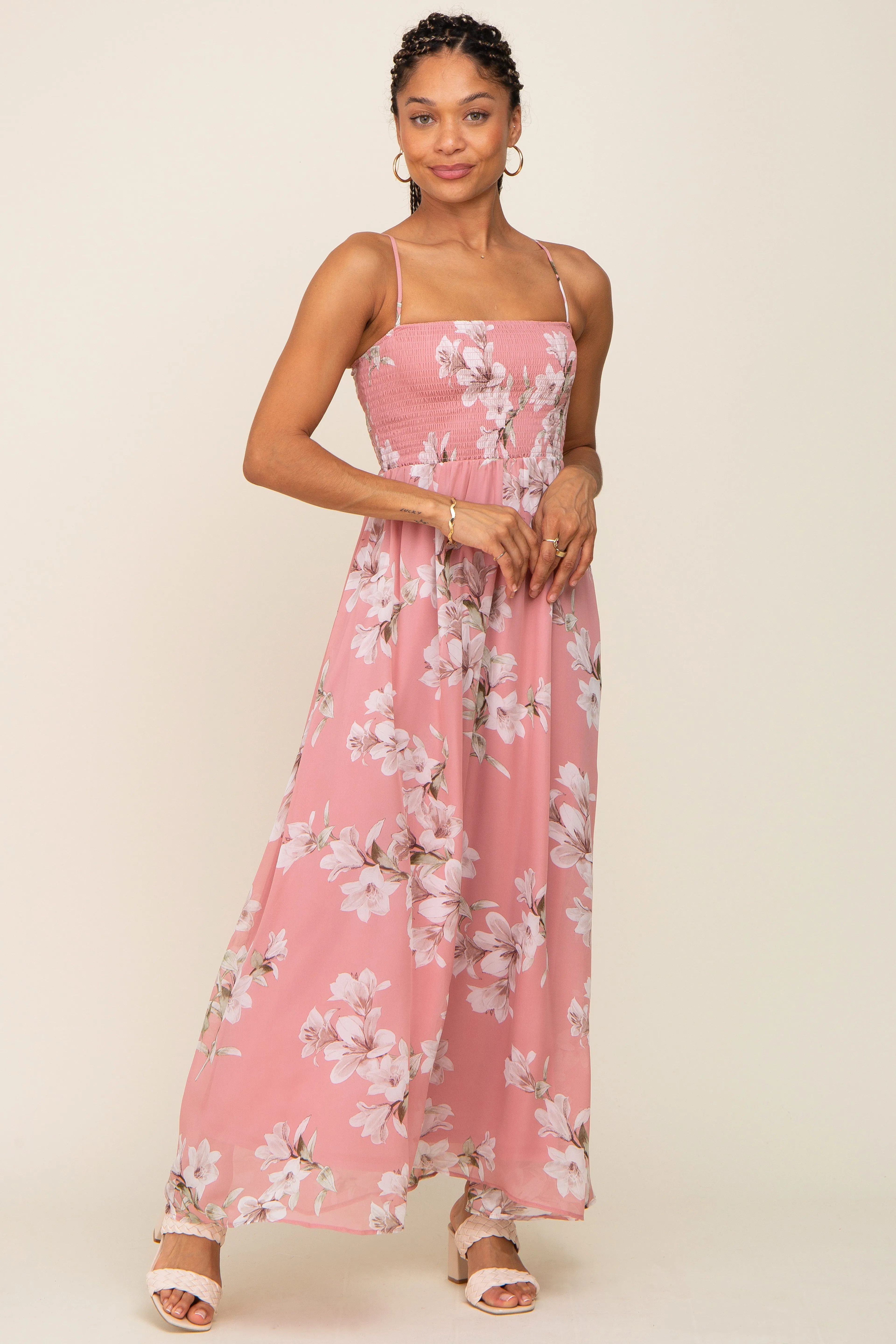 Mauve Floral Sleeveless Smocked Maxi Dress sold by Pinkblush product image thumbnail 4