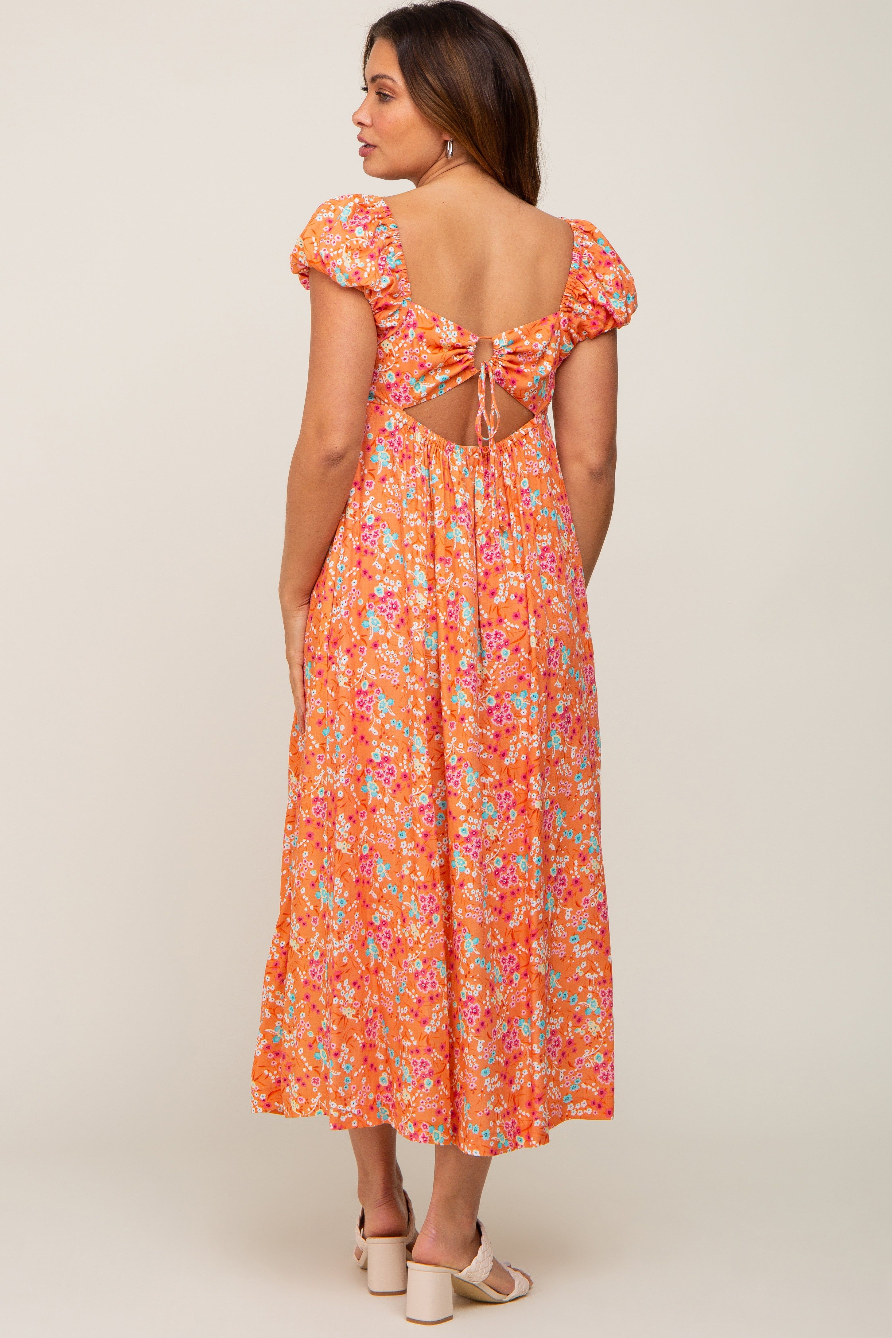 Orange Floral Back Cutout Maternity Midi Dress sold by Pinkblush product image thumbnail 3