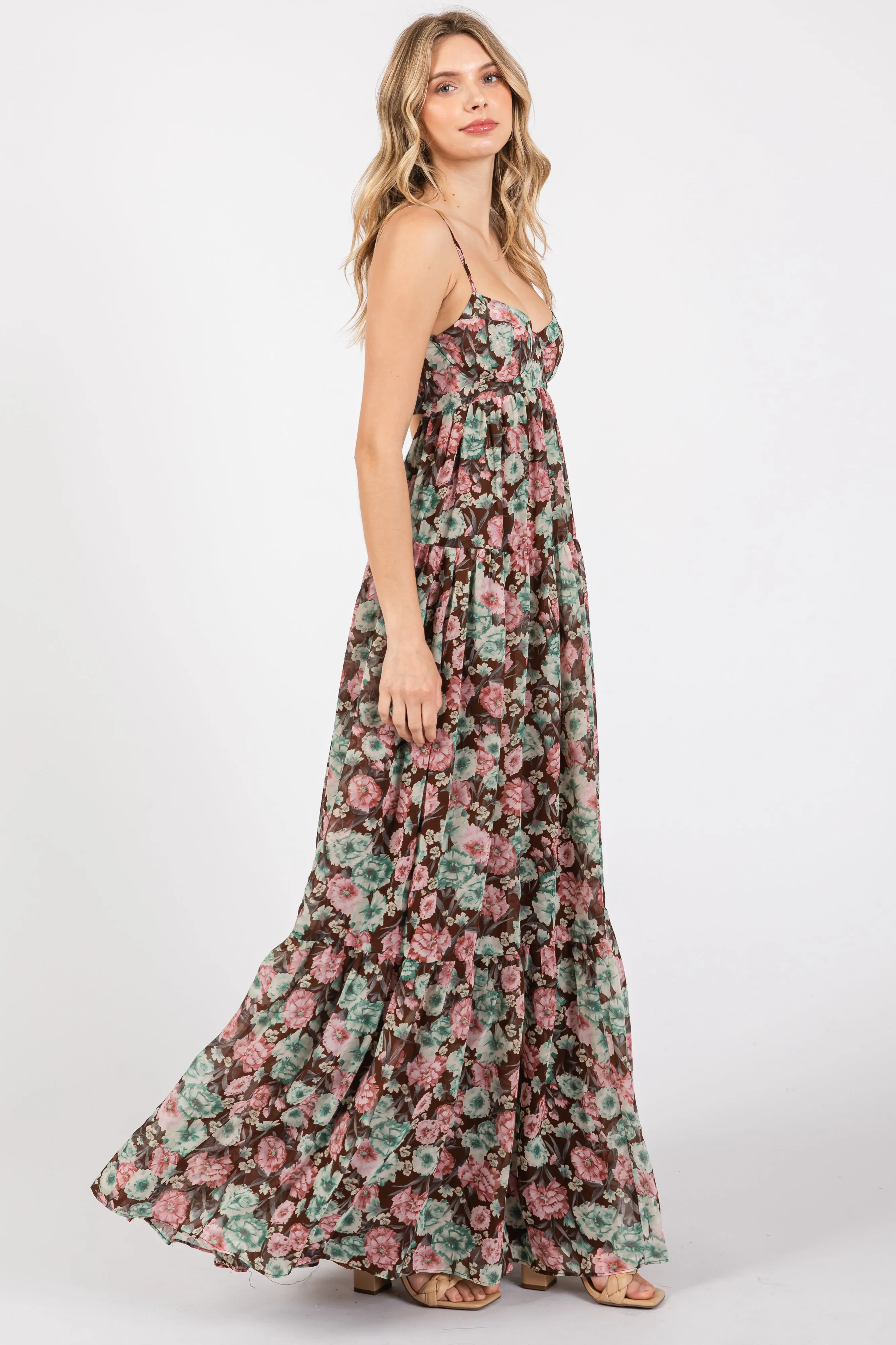 Brown Floral Sleeveless Tiered Maxi Dress sold by Pinkblush product image thumbnail 2