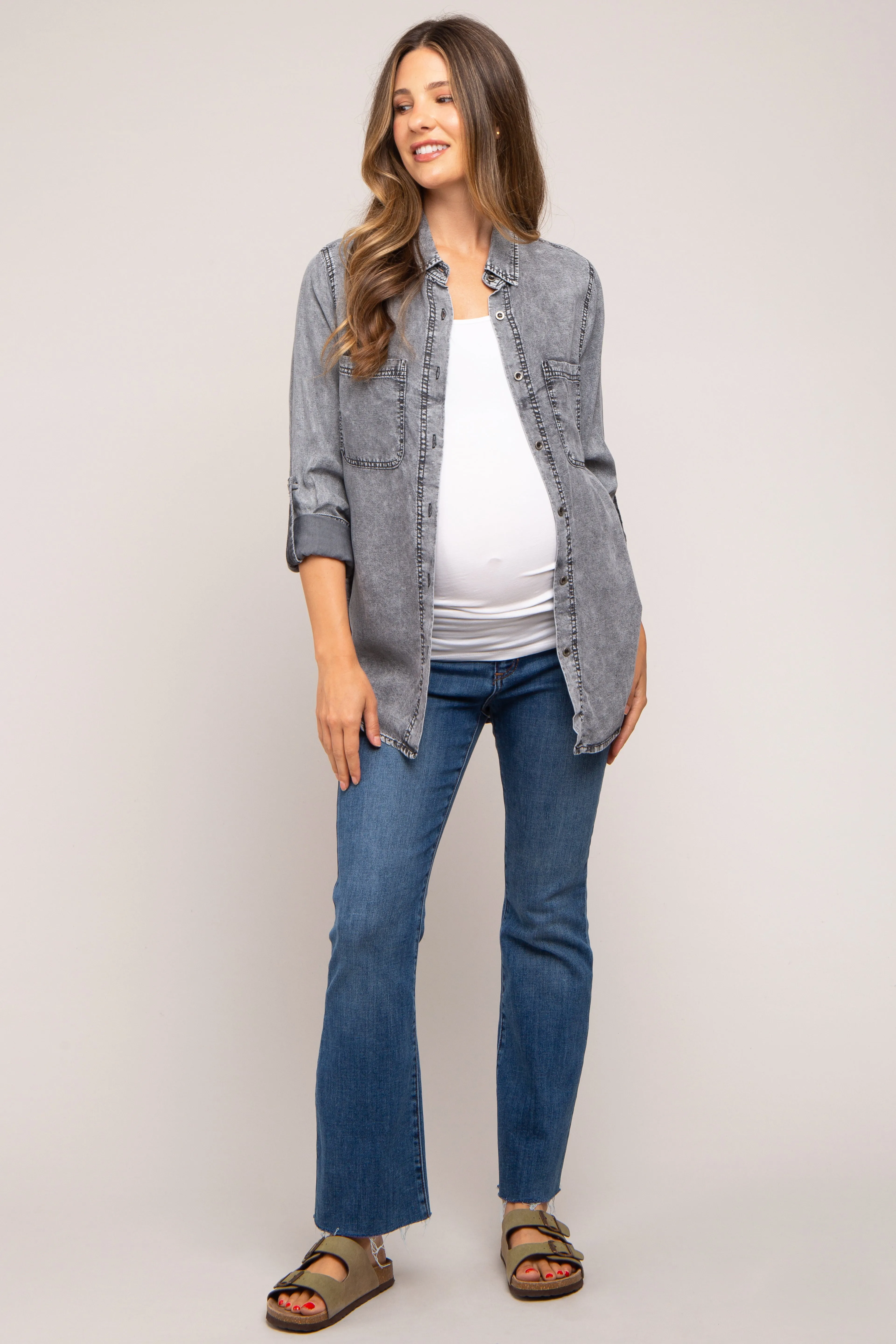Charcoal Chambray Maternity Rolled Cuff Shirt sold by Pinkblush