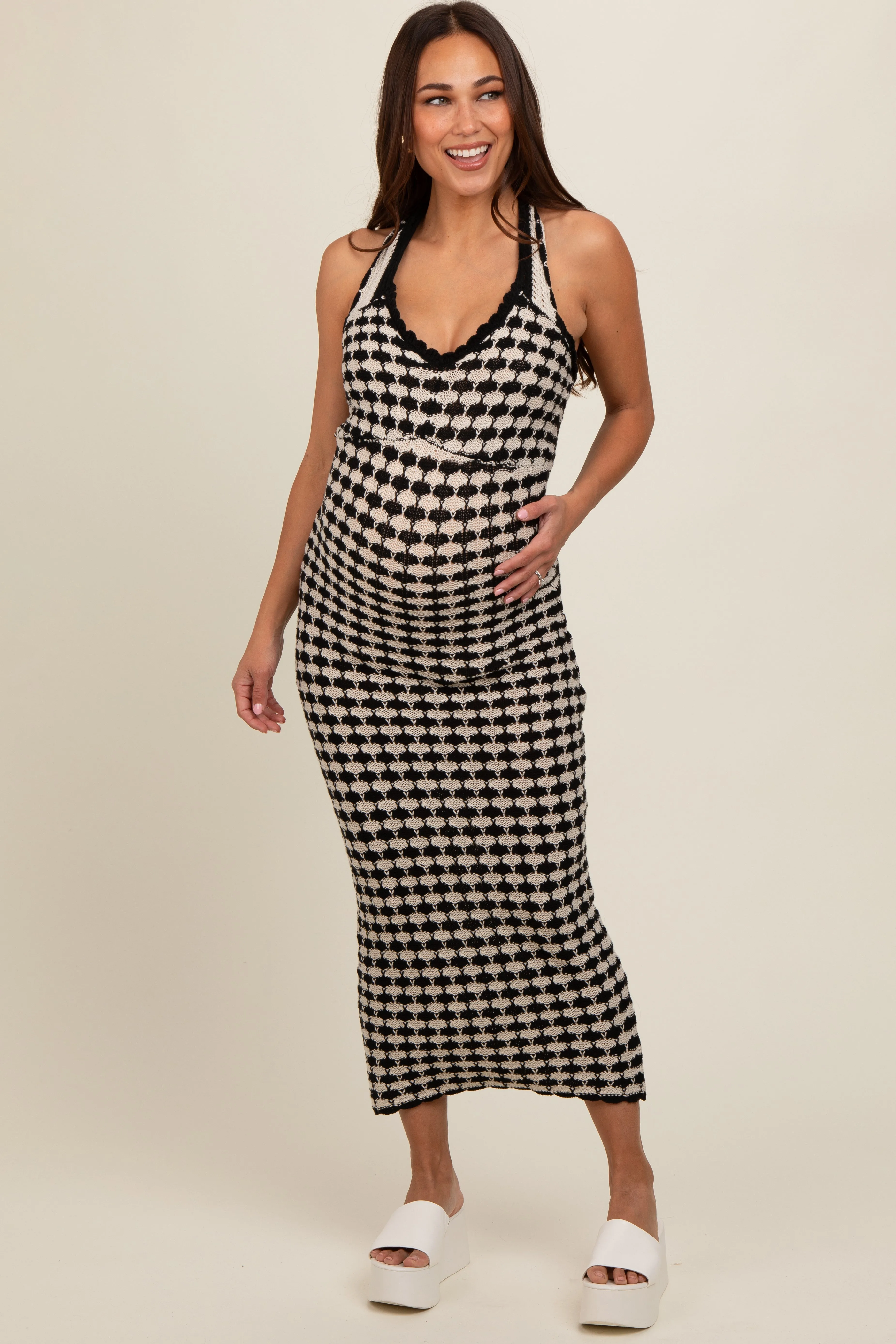 Black Crochet Knit Ruffle Strap Maternity Midi Dress sold by Pinkblush product image thumbnail 2