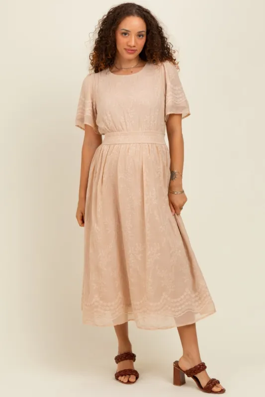 Beige Floral Embroidered Maternity Midi Dress sold by Pinkblush