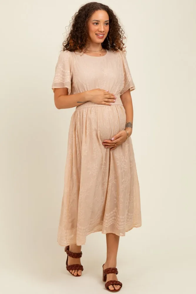 Beige Floral Embroidered Maternity Midi Dress sold by Pinkblush product image thumbnail 2
