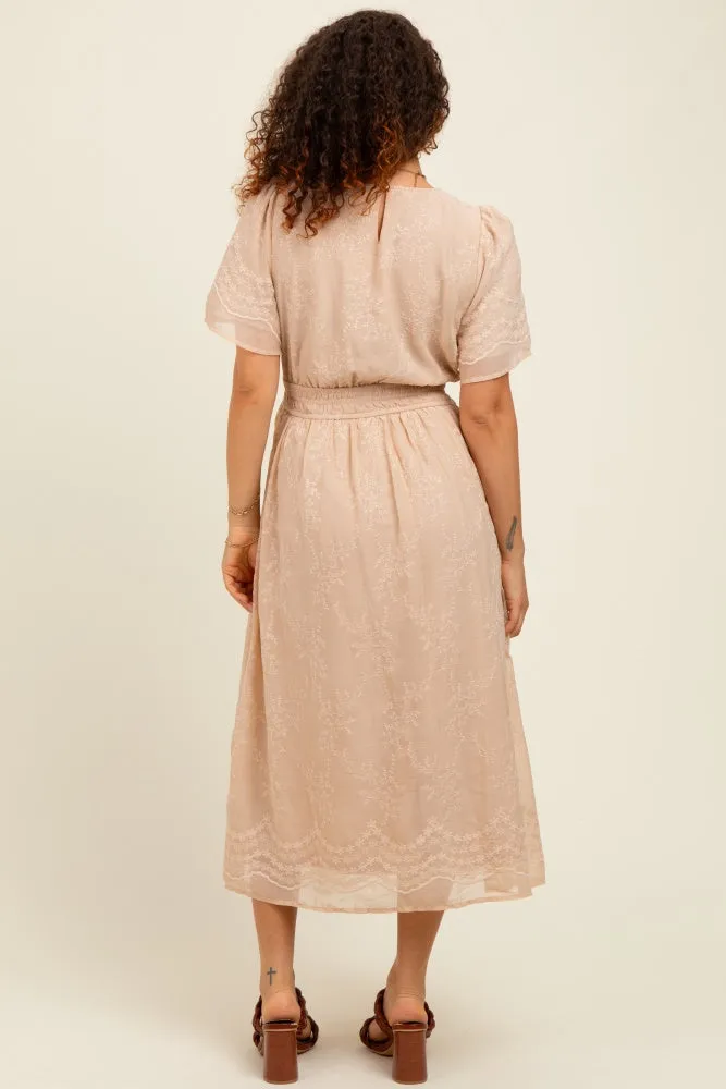 Beige Floral Embroidered Maternity Midi Dress sold by Pinkblush product image thumbnail 3