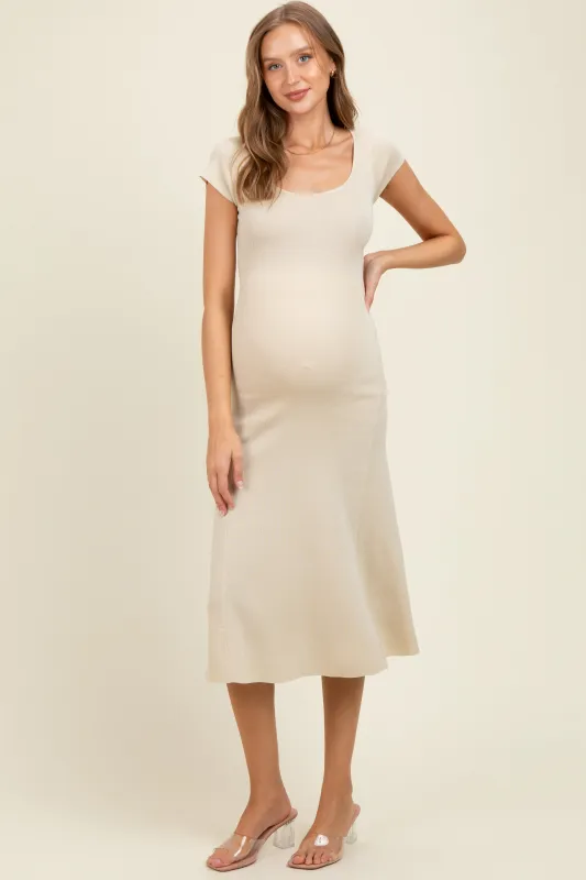 Cream/Black Short Cap Sleeve Tie Back Sweater Maternity Midi Dress sold by Pinkblush