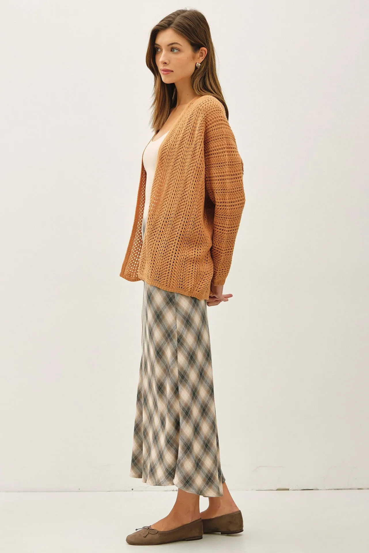 Camel Crochet Knit Scallop Detail Open Cardigan sold by Pinkblush product image thumbnail 3