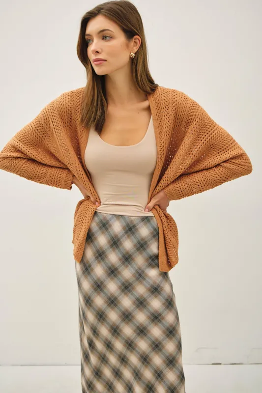 Camel Crochet Knit Scallop Detail Open Cardigan sold by Pinkblush