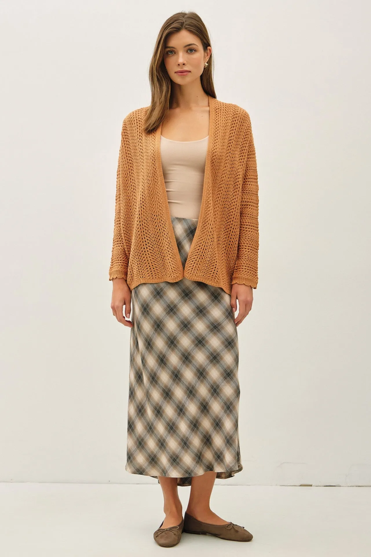 Camel Crochet Knit Scallop Detail Open Cardigan sold by Pinkblush product image thumbnail 2