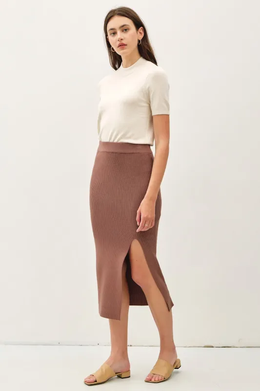 Mocha Ribbed Knit Side Slit Midi Skirt sold by Pinkblush