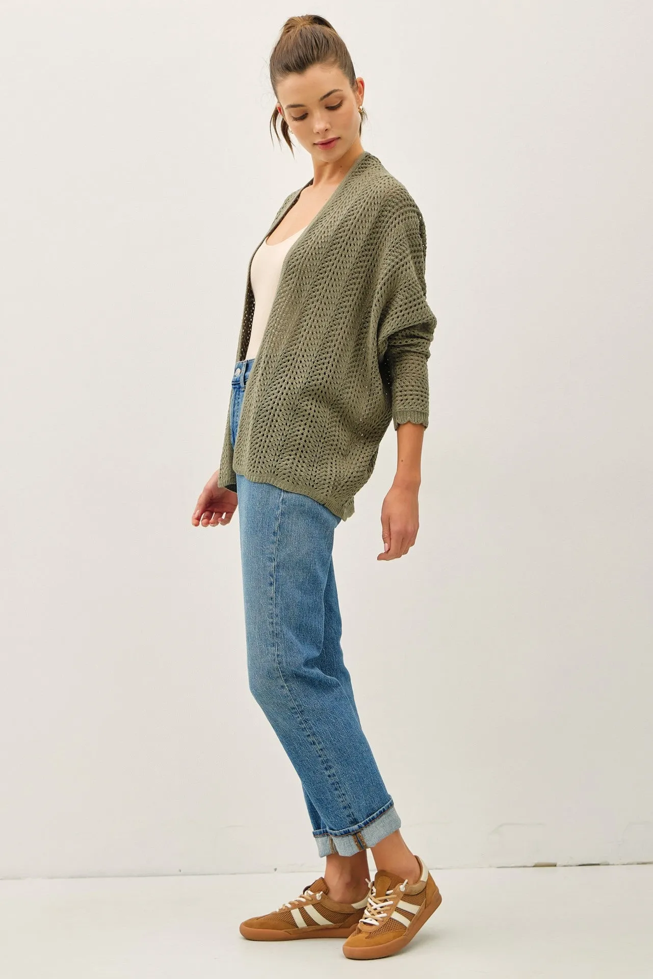 Olive Crochet Knit Scallop Detail Open Cardigan sold by Pinkblush product image thumbnail 3