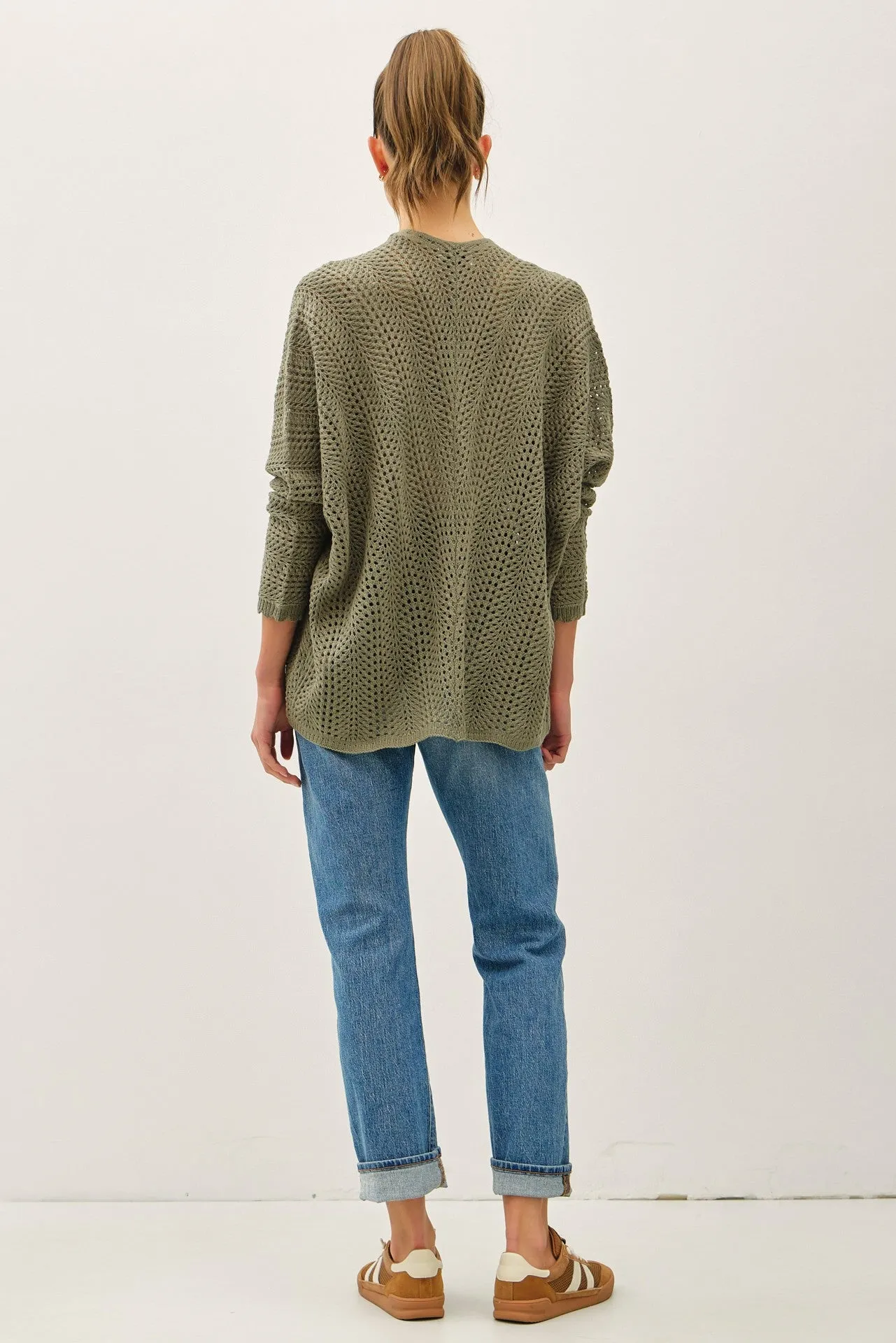 Olive Crochet Knit Scallop Detail Open Cardigan sold by Pinkblush product image thumbnail 4