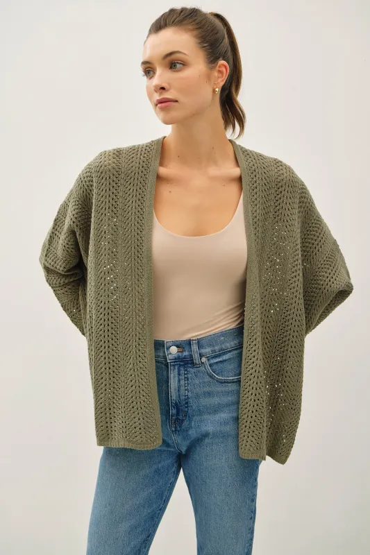 Olive Crochet Knit Scallop Detail Open Cardigan sold by Pinkblush