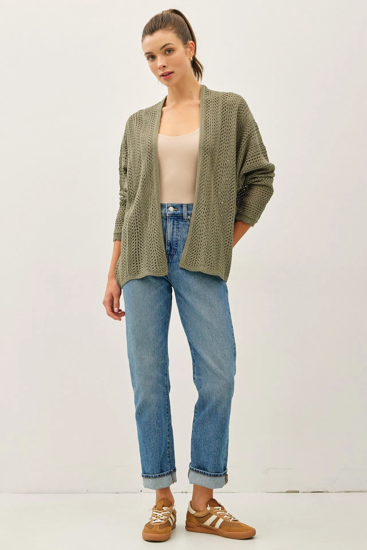 Olive Crochet Knit Scallop Detail Open Cardigan sold by Pinkblush product image thumbnail 2