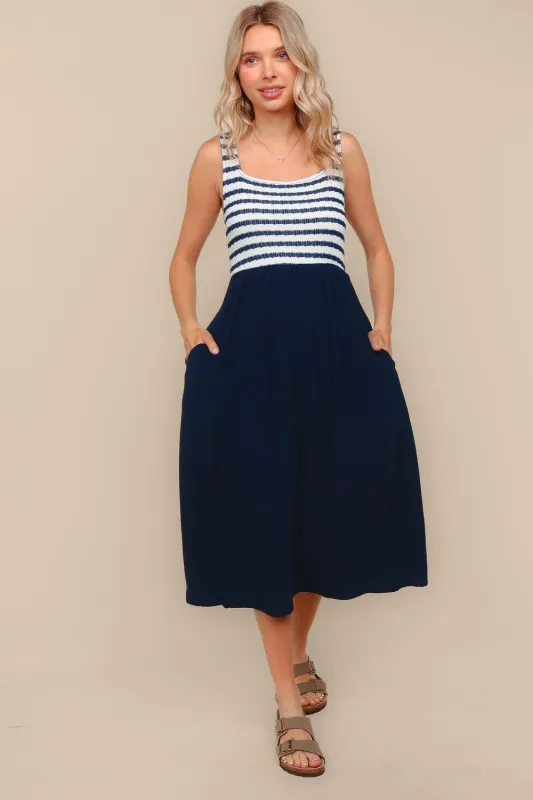 Navy Striped Fit And Flare Sleeveless Plus Midi Dress sold by Pinkblush