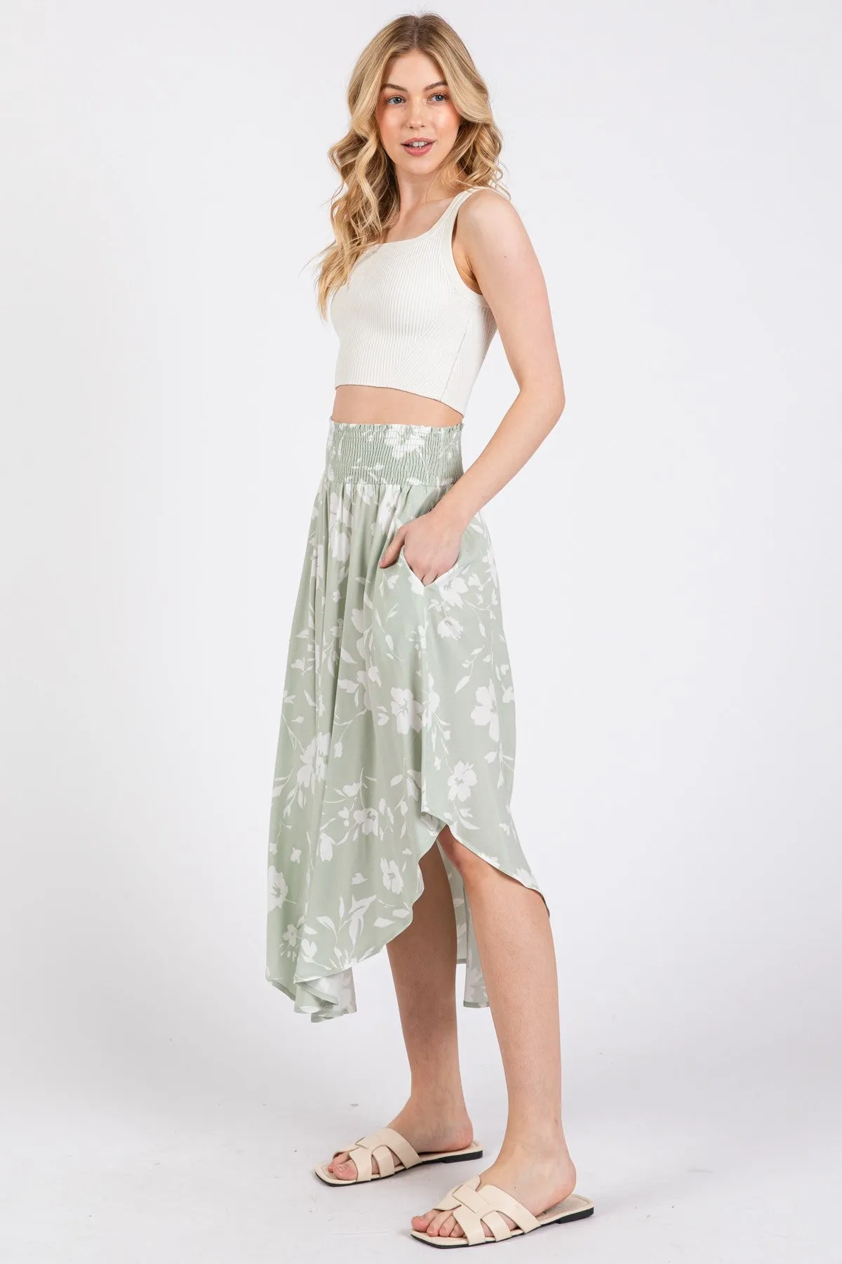 Light Olive Floral Smocked Waist Round Hem Midi Skirts sold by Pinkblush product image thumbnail 3