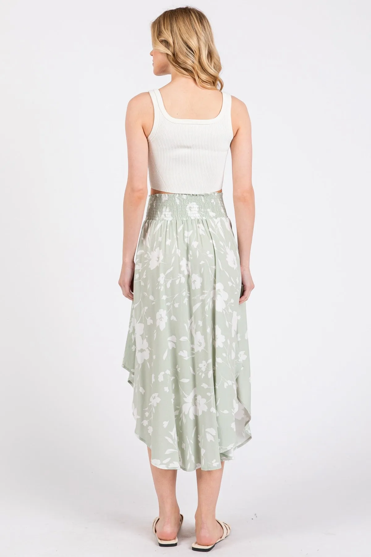 Light Olive Floral Smocked Waist Round Hem Midi Skirts sold by Pinkblush product image thumbnail 4